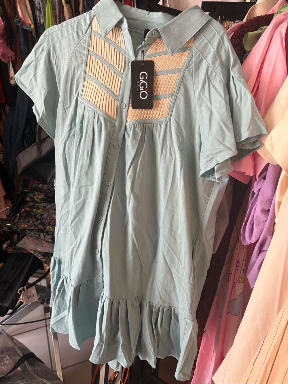 NWT GIGIO Button-Front Ruffle Hem Tunic Dress with Cream Insets. Available S, M,